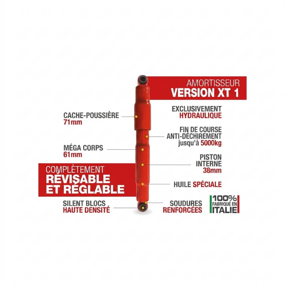 amortisseur arriere xt automotive rouge pour mitsubishi l200 1996-2005, depiction avec dimensions et caracteristiques visibles